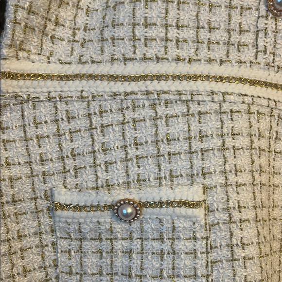 Girhoodcore Cream Tweed Pearl Gold Embellished Dress - L - Picture 8 of 11